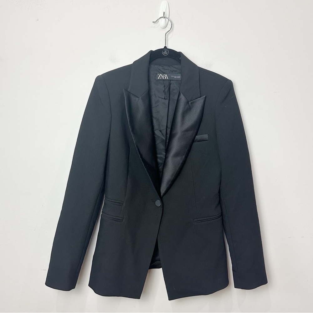 Zara Tuxedo Collar Blazer Black Single Button Classic Formal Evening